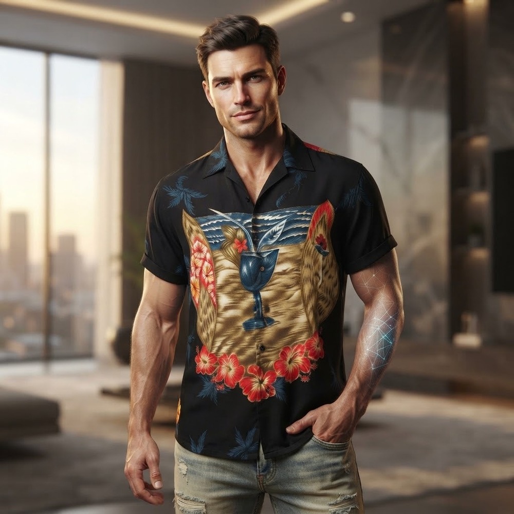 Basix Hawaiian Shirt Men's Large – Black‎ Floral Print – Short Sleeve 100% Rayon